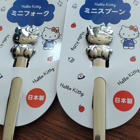 NWT Hello Kitty Silver Stainless Steel Kawaii Dessert Fork and Spoon Set 5in - Picture 2 of 4
